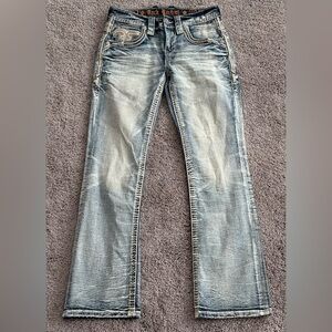 Rock Revival Ashton Slim Boot Embroidered Distressed Denim Jeans Mens Size 29